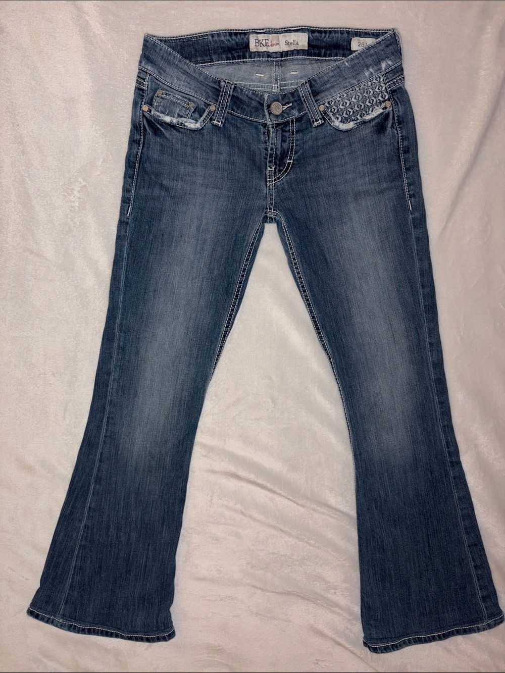 BKE Stella Women’s Distressed Flare Dark Blue Wash & Embroidered Pockets Jeans